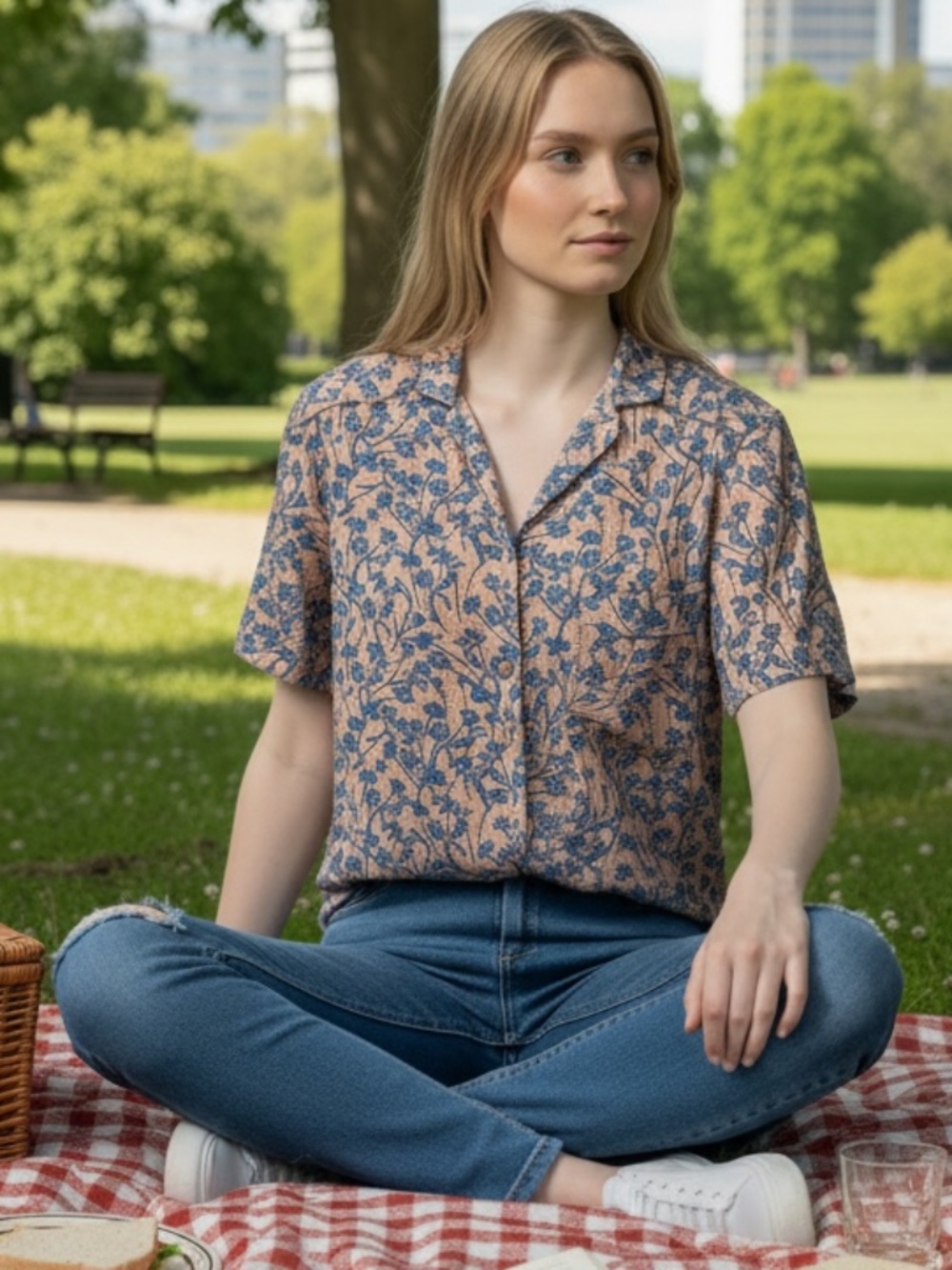 Cooperative Peach & Blue Floral Button Down Embroidery Detailed Blouse Medium